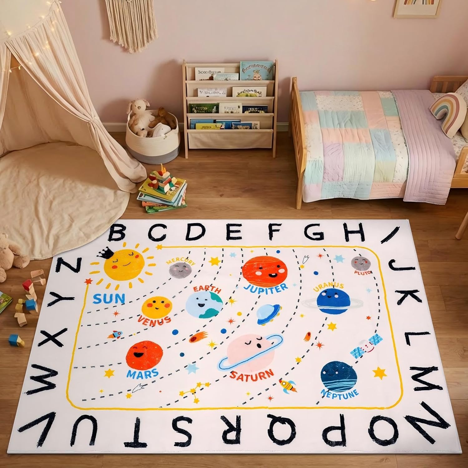 Soft ABC Kids Rug,59x39 in Washable Large Classroom Rug,Non-Slip Educational Nursery Rug,Solar System Kids Room Rug for Classroom Playroom Bedroom Kids Room Decor