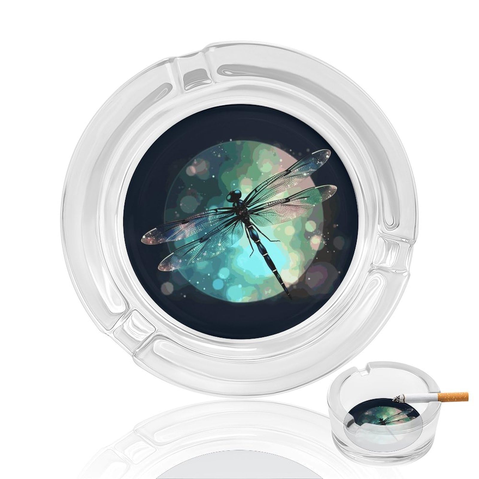 Fekiloot Men's Style Galaxy Animal Dragonfly Glass Ashtray For Cigarette Cigar,Cigarette Ashtray For Indoor Or Outdoor Use,Cigar Ashtrays With 3 Notches-Glass Decor Gift For Smokers