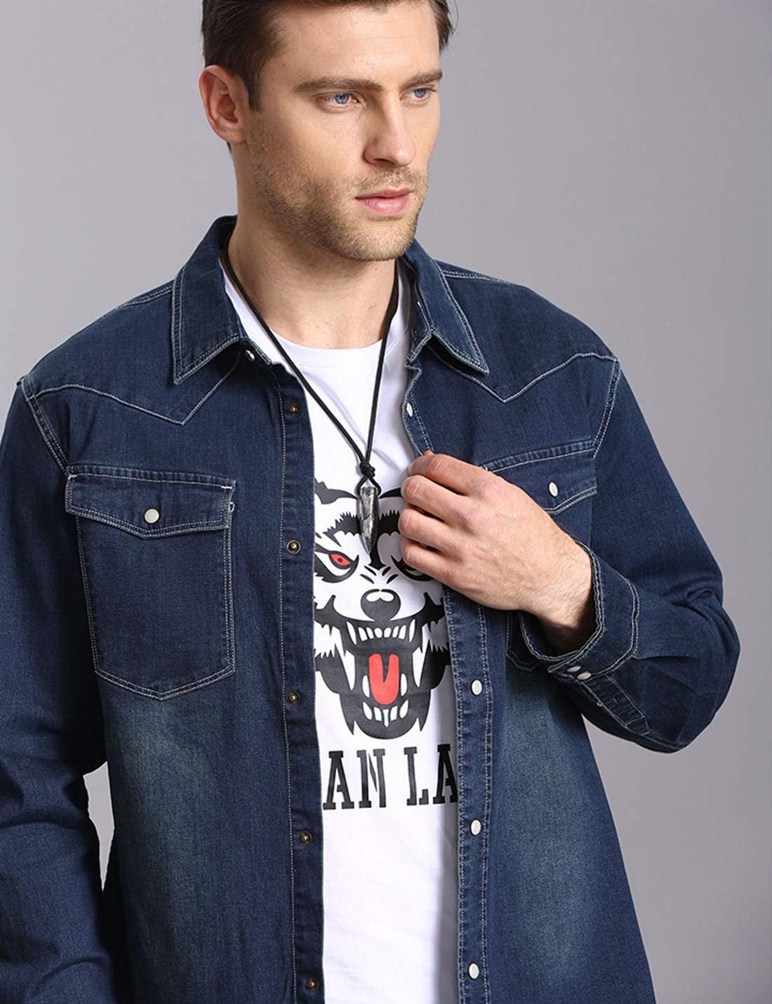 Flygo Men's Spring Fall Relaxed Snap Long Sleeve Washed Denim Shirt