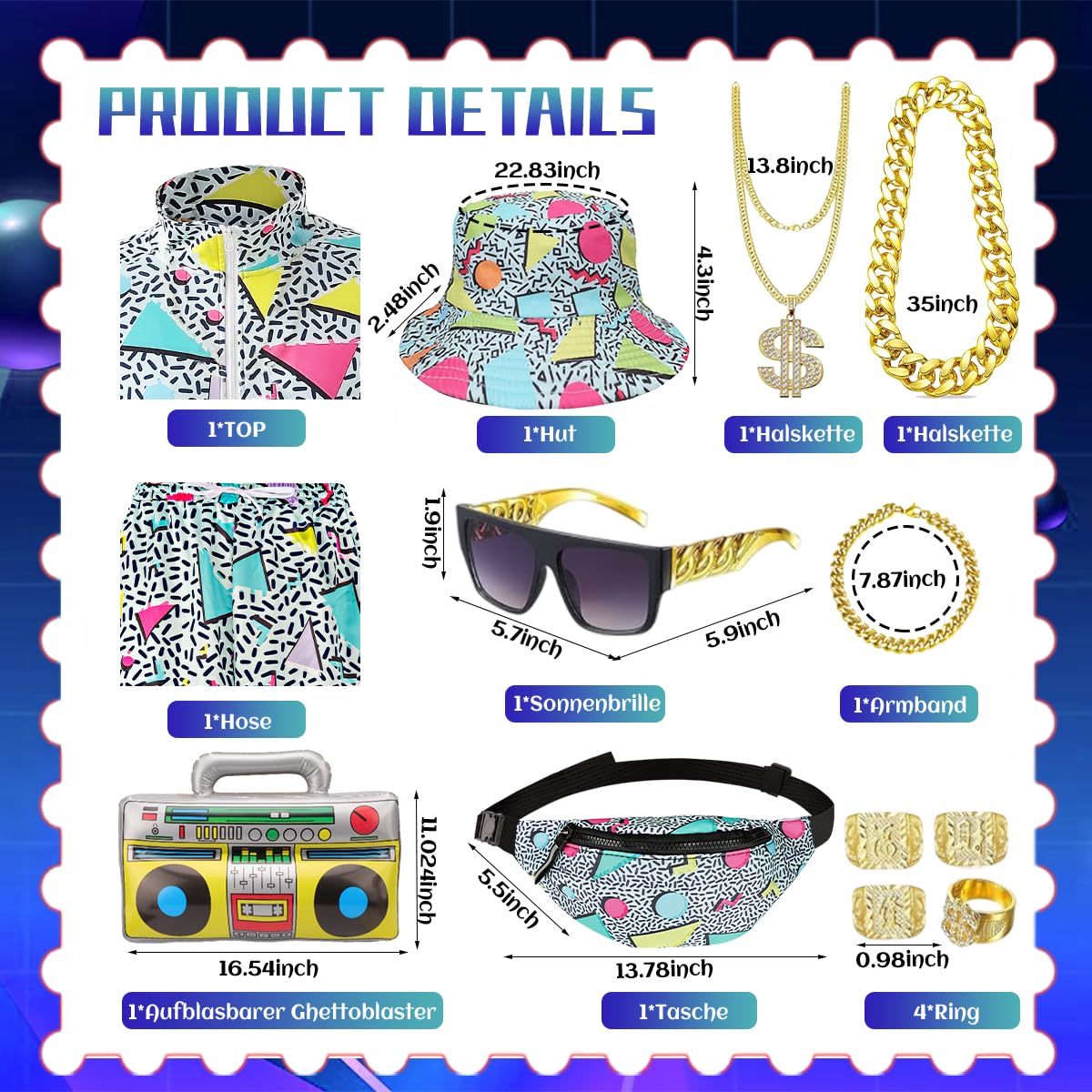 Chándal para hombre, disfraz de los años 80 y 90, traje de chándal para hombre, juego de pantalones, riñonera hinchable, bolsa de gueto, gafas de sol, sombrero, collar, pulsera, anillo, hip hop, ropa