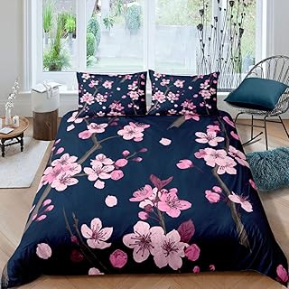 Erosebridal Girl Cherry Blossoms Bedding Set Japanese Cherry Blossoms Duvet Cover Pink Flowers Bedspread Cover Branches Plant Flowers Comforter Cover Navy Blue 2 Pcs Twin Size