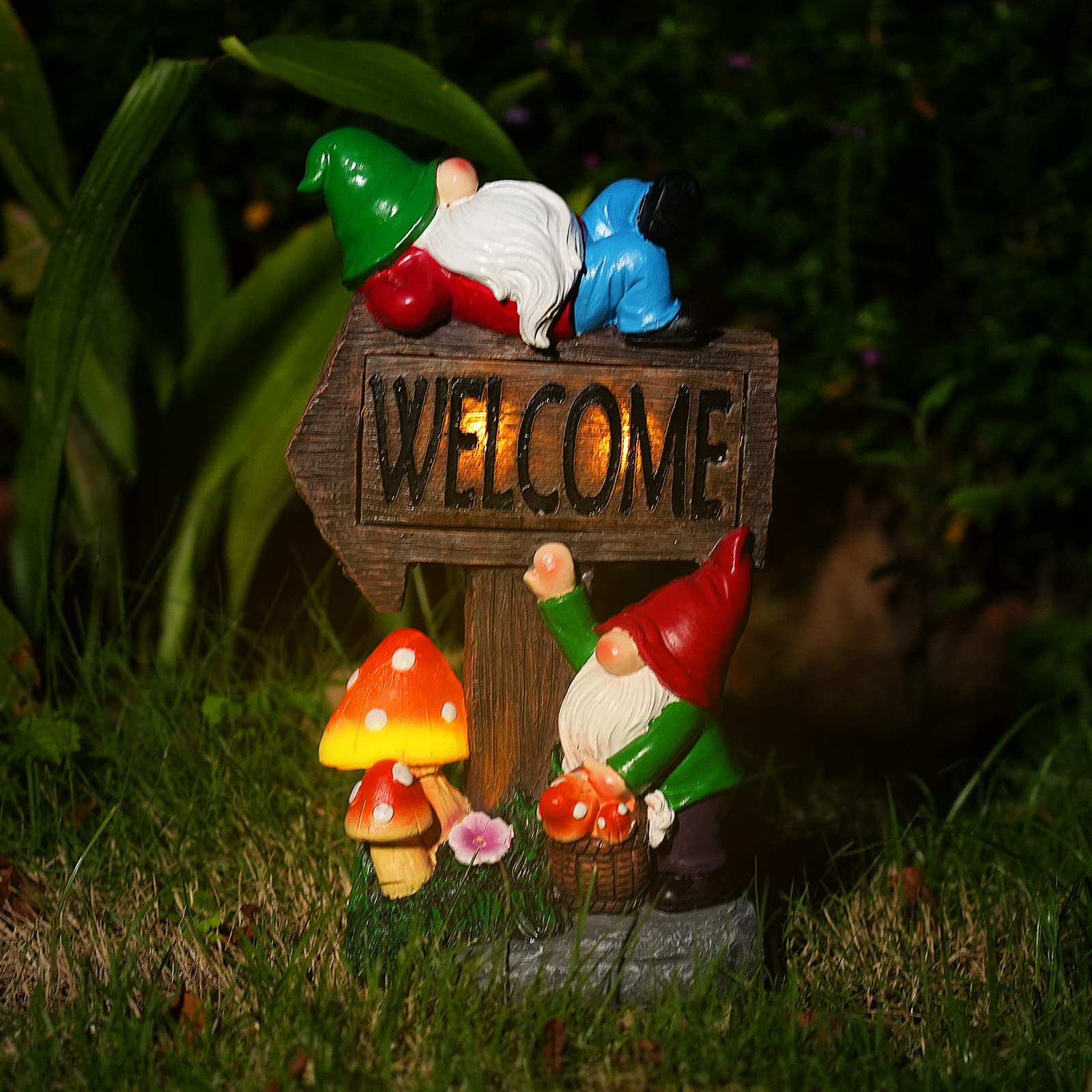 Statuettes de nain de jardin solaires avec panneau de bienvenue - Sculptures et statues de nains de jardin en résine de 30 cm pour terrasse, balcon, cour, pelouse, cadeau de pendaison de crémaillère