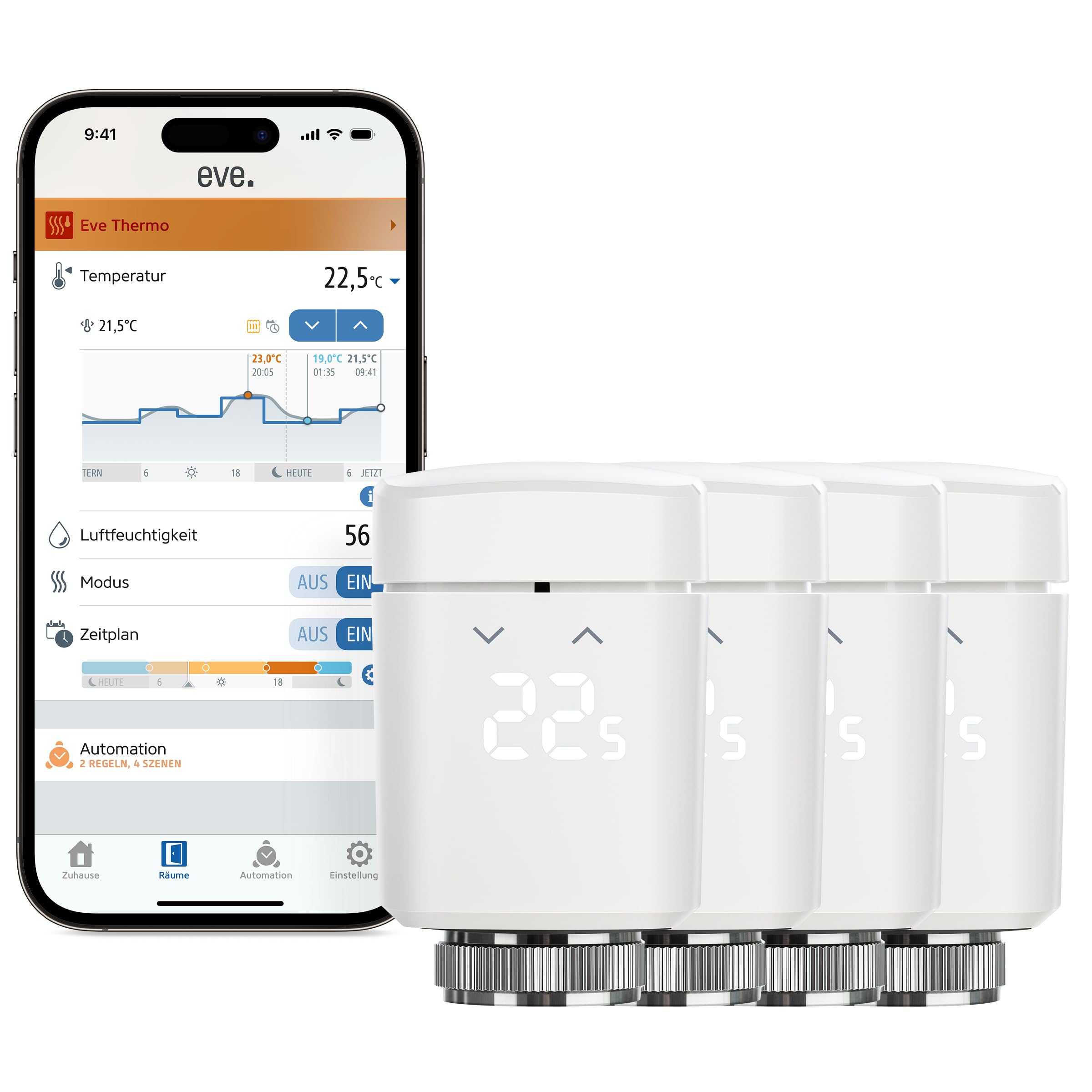 Eve Thermo (Matter) 4er Pack: Smartes Heizkörperthermostat, LED-Display mit Touch-Bedienfeld, Heizkosten sparen, Apple Home, Amazon Alexa, Samsung SmartThings, Google Home, Ben. Thread Border Router | Heizkosten sparen, LED-Display, App & Sprache, für Ale