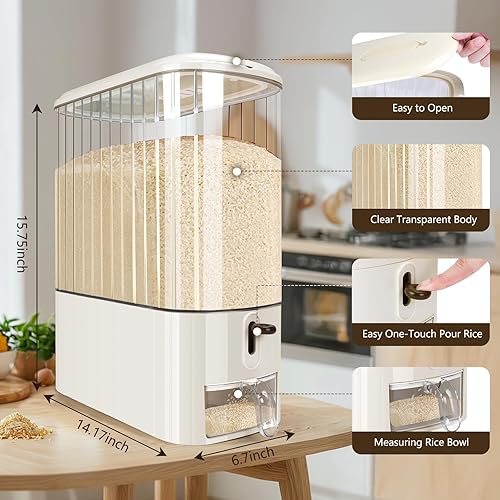 Vista 2 de Dispensador de arroz de 26 libras, recipiente de grano grande con taza medidora y escala de tiempo, dispensador de alimentos secos a prueba