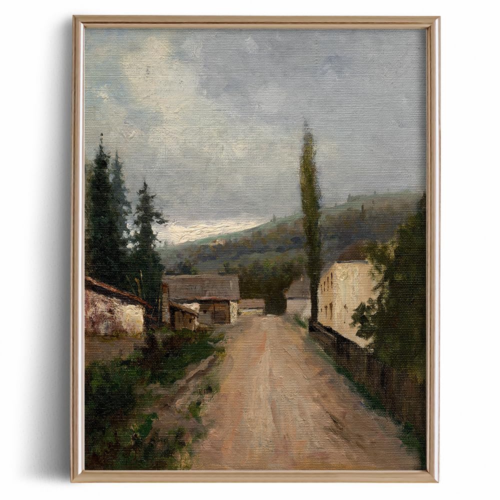 Farmhouse Landscape Forest Pictures Bedroom - Art Deco Wall Art for Kitchen - 11 x 14 Art Prints- Rustic Vintage Decor for Living Room - Antique French Poster - Country Village Town Moody Oil Painting