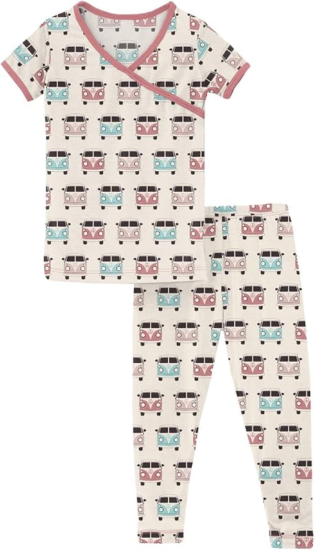 KicKee Print Kimono Pajama Set, Short Sleeve, Snug Fit Sleepwear, Baby to Kid, Super Soft Bamboo Viscose PJs