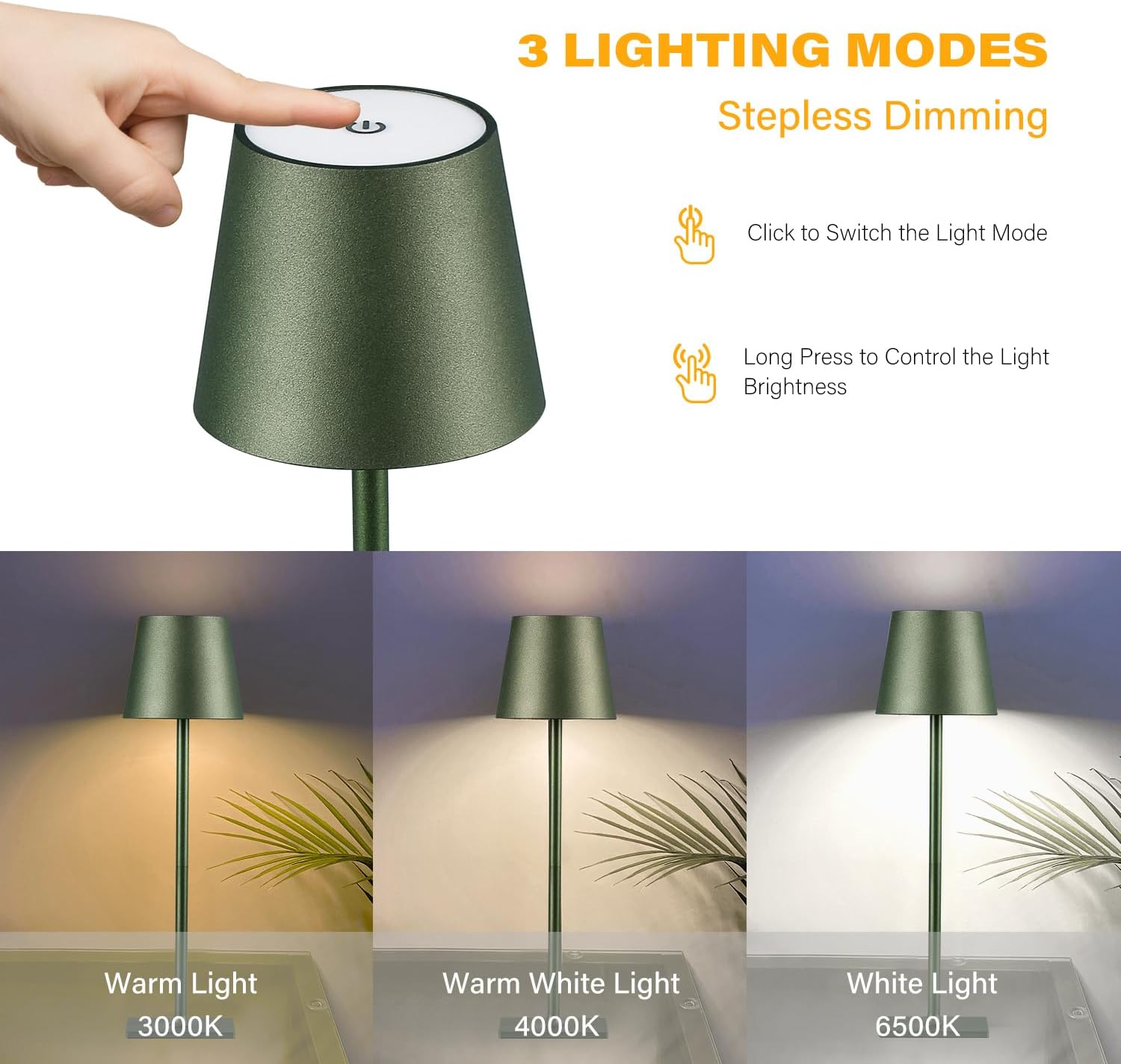 2 Pack Cordless Table Lamps, 3 Colors Stepless Dimming, 5000mAh Rechargeable Battery LED Desk Lamp for Bedroom/Couple Dinner/Desk/Cafe/Dining Room/Terrace