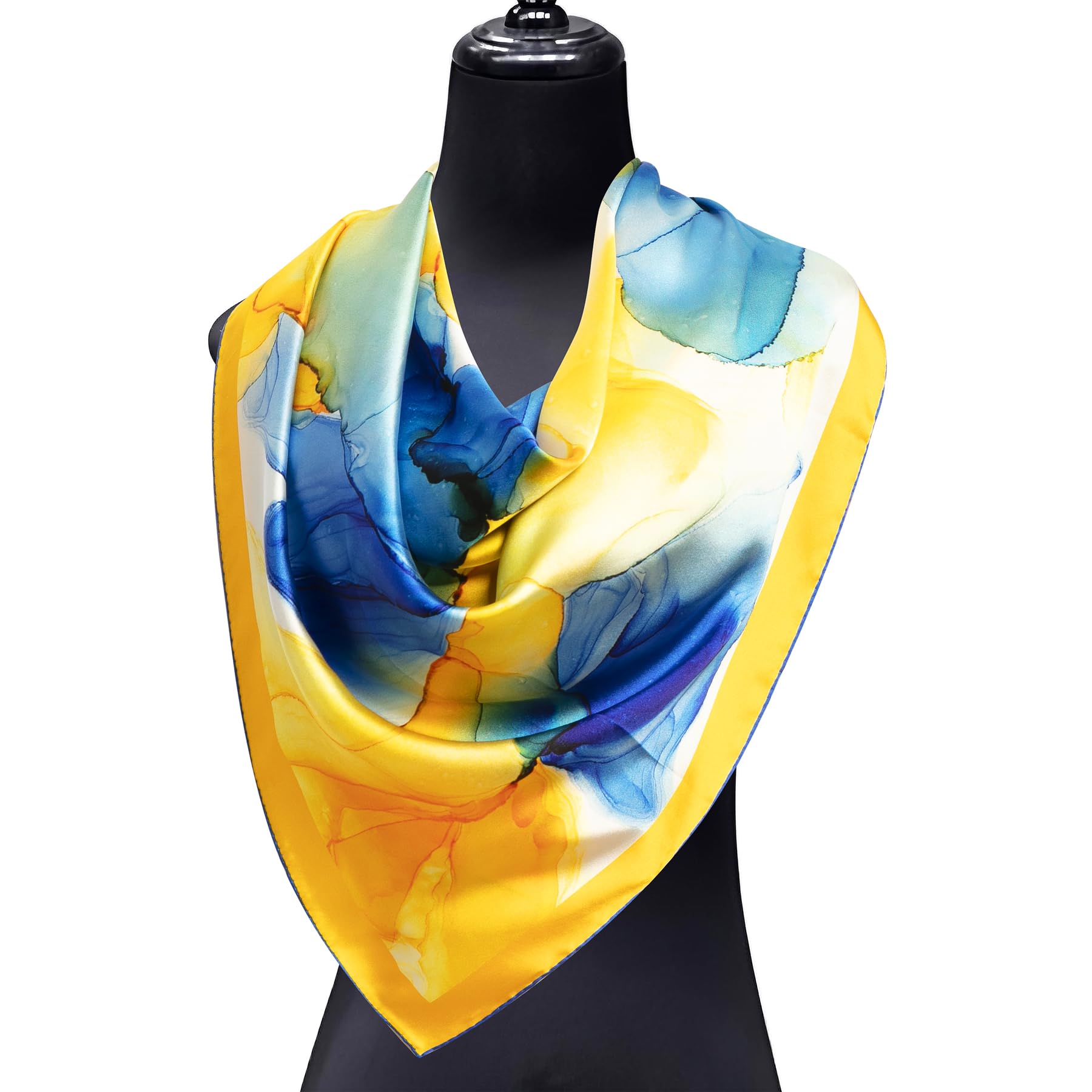 Hamzah Carré de Soie pour Femme | Foulard en Soie Satin 90x90 cm | Motif Abstrait Fluid Art | Impression Double Face & Reversible | Bords Cousus à la Main | Idée Cadeau Élégante