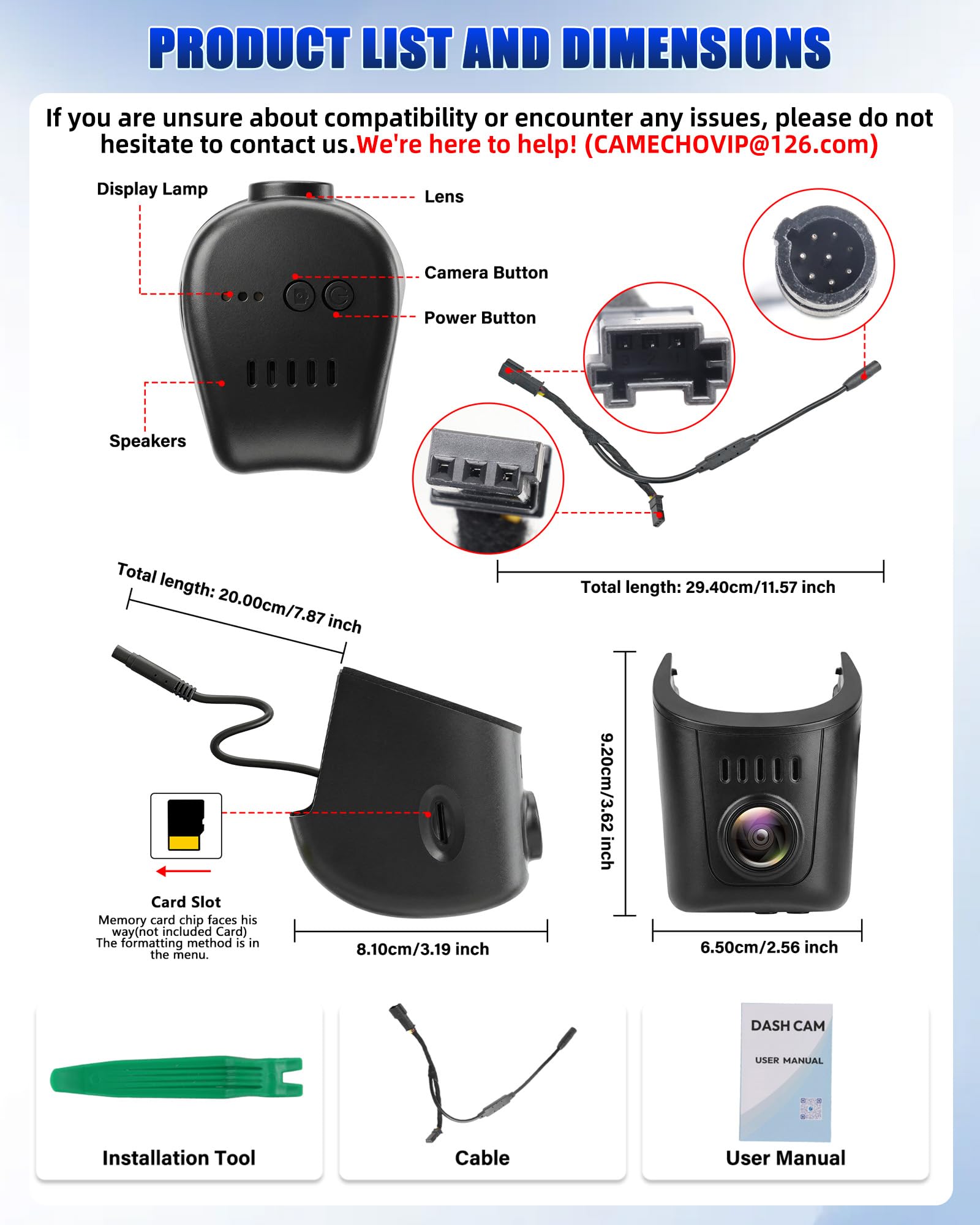 CAMECHO Visione Notturna 4K UHD 2160P Dashcam per Audi (Modello A) 2019-2026 TT A3 A4 A5 A6 A7 A8 Allroad Q3 Q5 S6 Q7 S3 S4 S5 S7 S8 RS3 RS5 RS6 e-tron, 150° Telecamera Posteriore con WiFi sensore G
