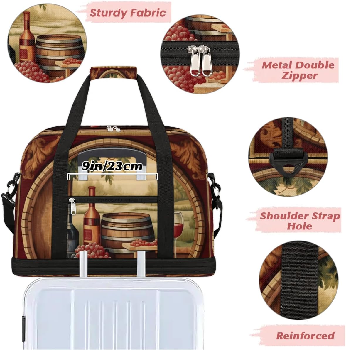 Sports Duffel Bag, Foldable Wine Bottle Travel Duffel Bag, Gym Yoga Beach Bag Weekender Overnight Bag with Shoes Compartment for Men Women, Wine Country