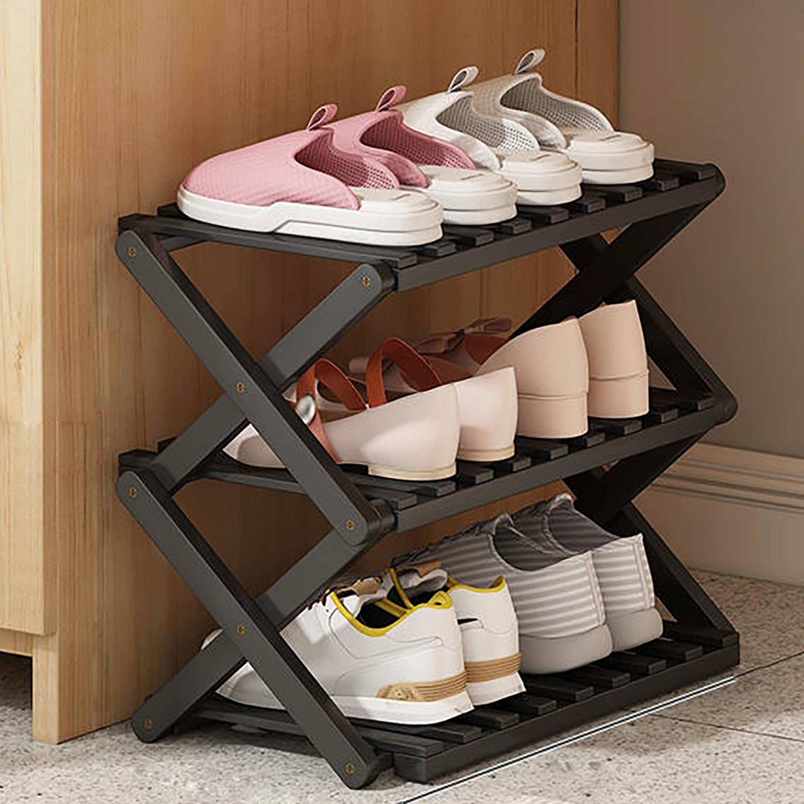 WOLWES Bambú Zapatero Plegable Sapateira 3/4/5/6 Capas Zapatero Organizador Estanteria Zapatos Shoe Rack para Interior, Exterior, Camping (Color : Black, Size : 50cm 3 Layers)