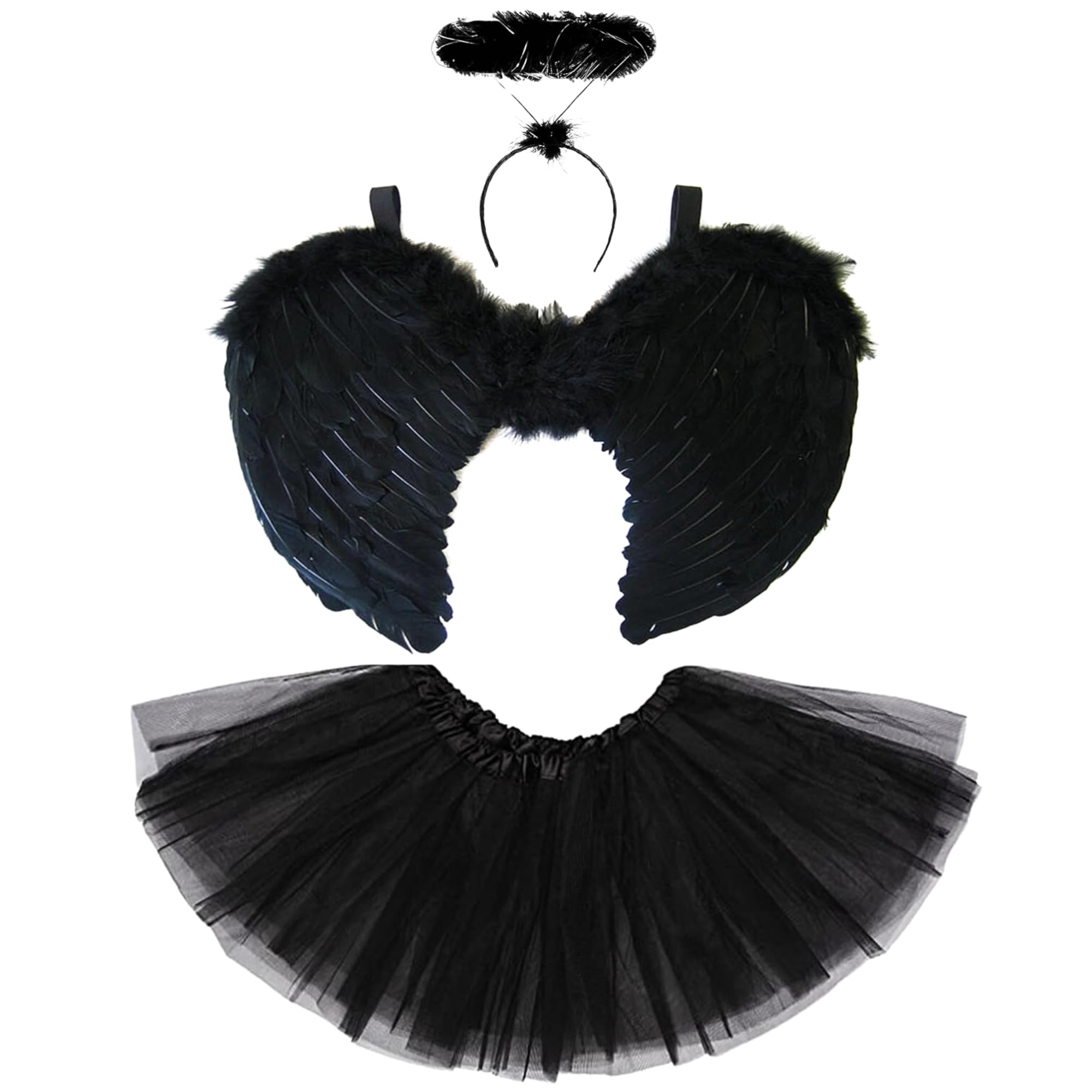 Redstar Fancy Dress Girls Black Kids Angel Wings And Halo With Tutu Skirt Halloween Costumes For - Childrens Angel Wings Halo And Tutu Skirt - Christmas Fairy, Devil Accessories Or Fallen Halloween Outfits For