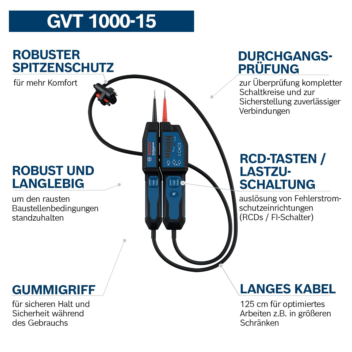 Bosch Professional Spannungsprüfer GVT 1000-15 (Spannungsprüfung bis 1000 V AC/DC, LED-Feedback, Summer, Vibrationsalarm, IP65, eingebaute Taschenlampe, 125 cm Kabel, 2x1,5 V LR03 (AA), Tasche)