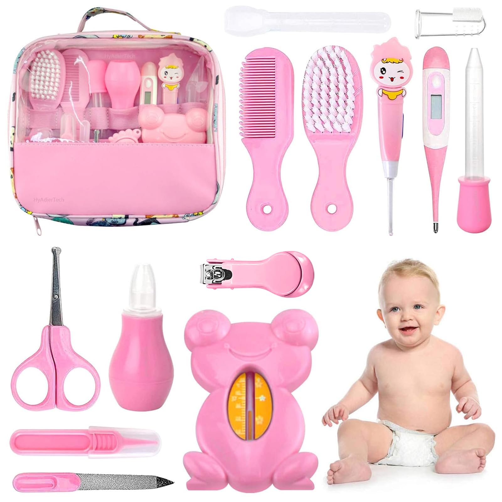 Trousse de Soin Bébé, HyAdierTech 13 Bébé Naissance Set, Kit de Soin Bébé, soins bébé Infirmière nouveau-né Bébé Clou Cheveux Soins de santé Des gamins Thermomètre Toilettage Brosse Trousse (Rose)