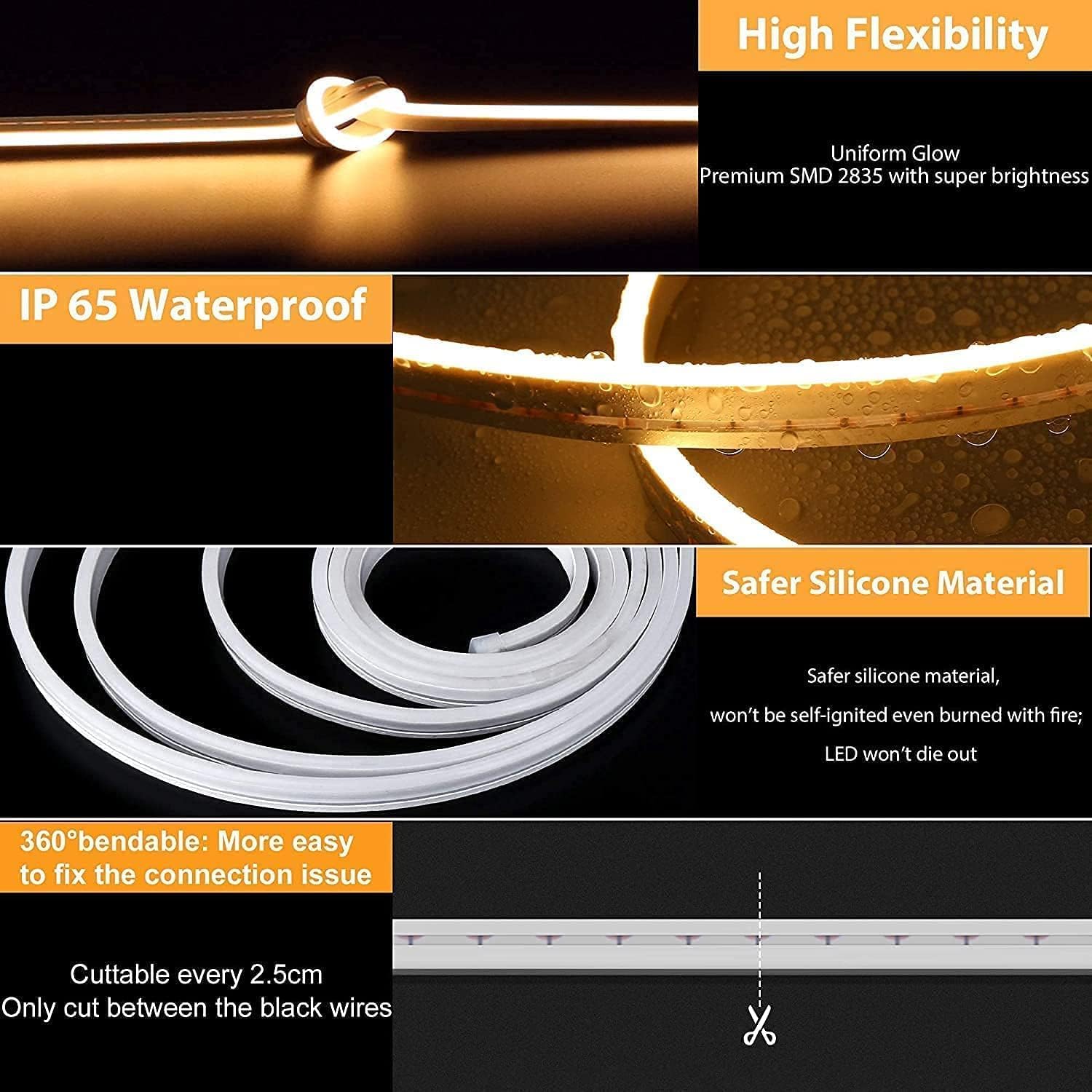 Lamomo LED Streifen 5M, Neon Dimmbar LED Strip, Warmweiss Wasserdicht 3000K Led Leiste, Silikon Flexibel Outdoor Lichtleiste für Innen Aussenbereich Heim Küche Deko