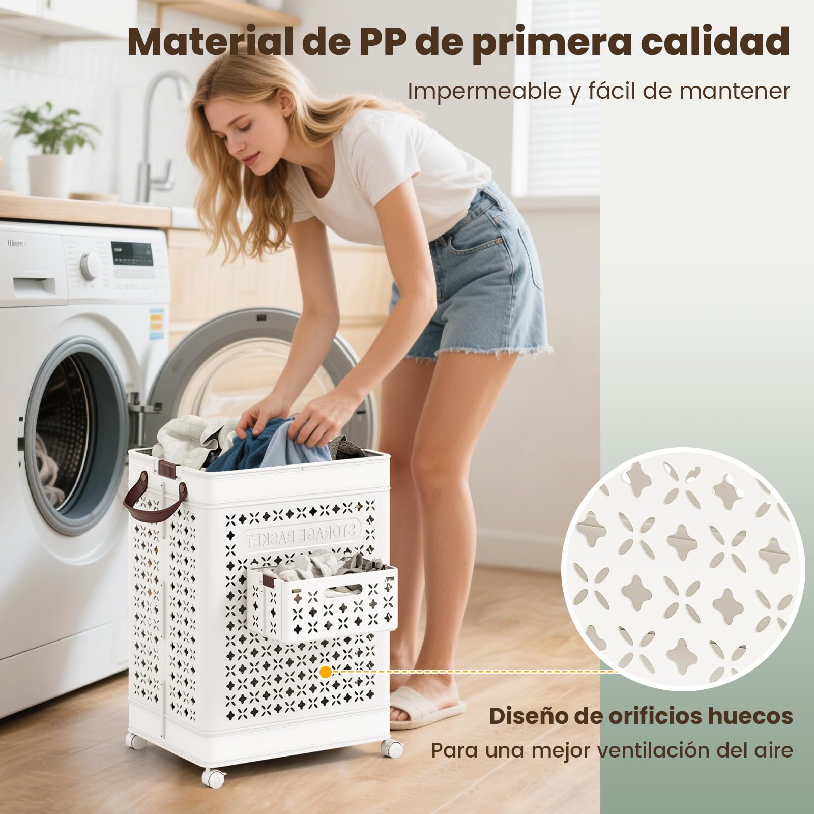 COSTWAY Cesta para Ropa Sucia Plegable 75 L, Cesto de La Colada, Cubo de Almacenamiento de Plástico con Asas y Estuche Pequeño Plegable, Cesto Popa Sucia con Ruedas, Blanco