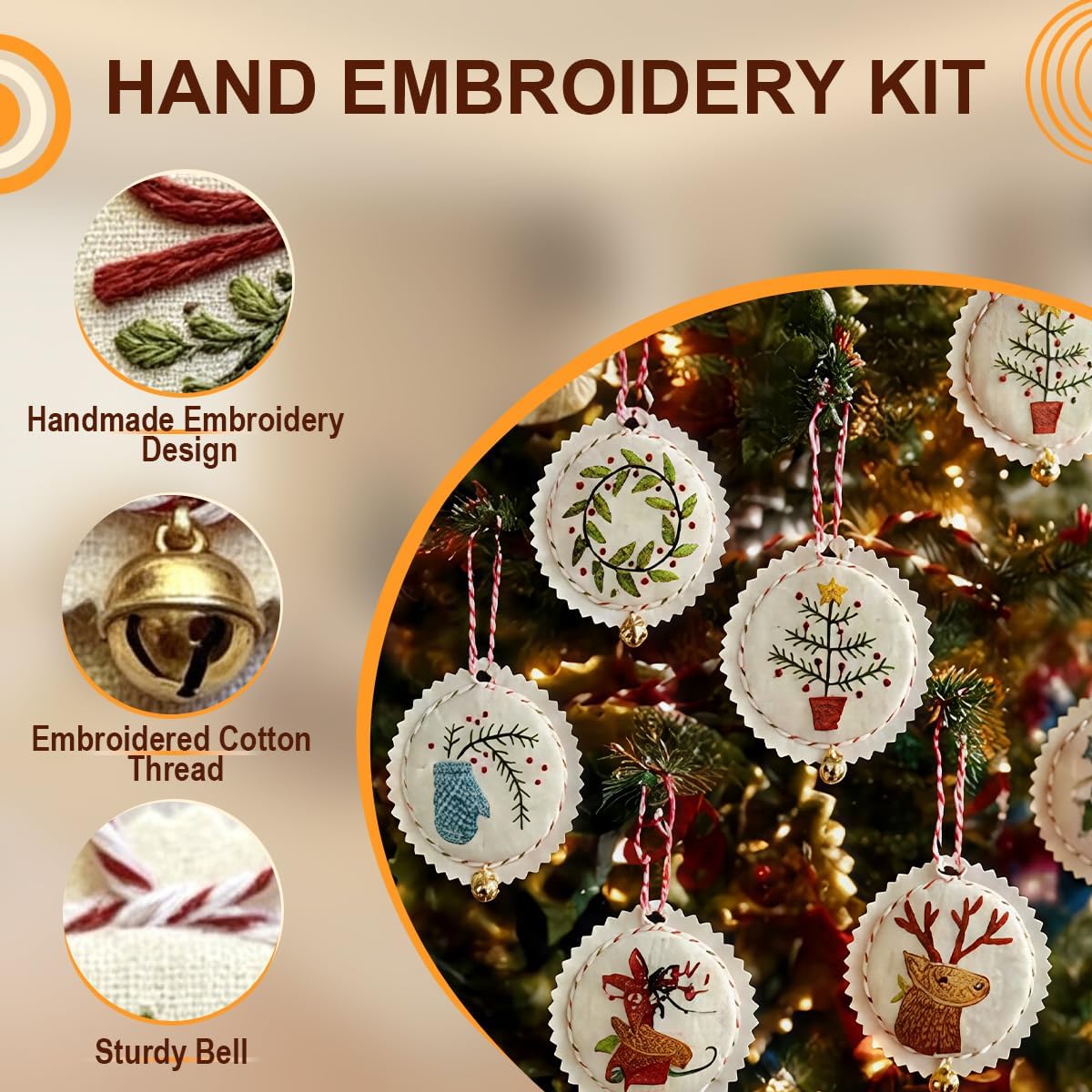 Christmas Embroidery Kit, 12PCS DIY Ornament Set for Beginners | 12PCS pre-printed embroidery kit with threads, needles and ribbons for beginner Christmas ornaments