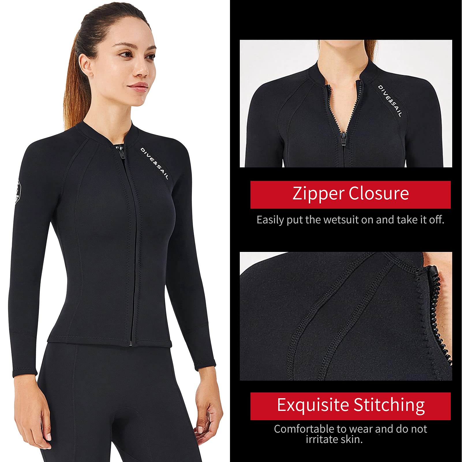 HUIOP 2mm Neoprene Uomo Donna Top da Sub con Cerniera Frontale Mute Giacca a Maniche Lunghe Top Muta per Snorkeling Diving Surf Sport Acquatici Nuoto,Muta
