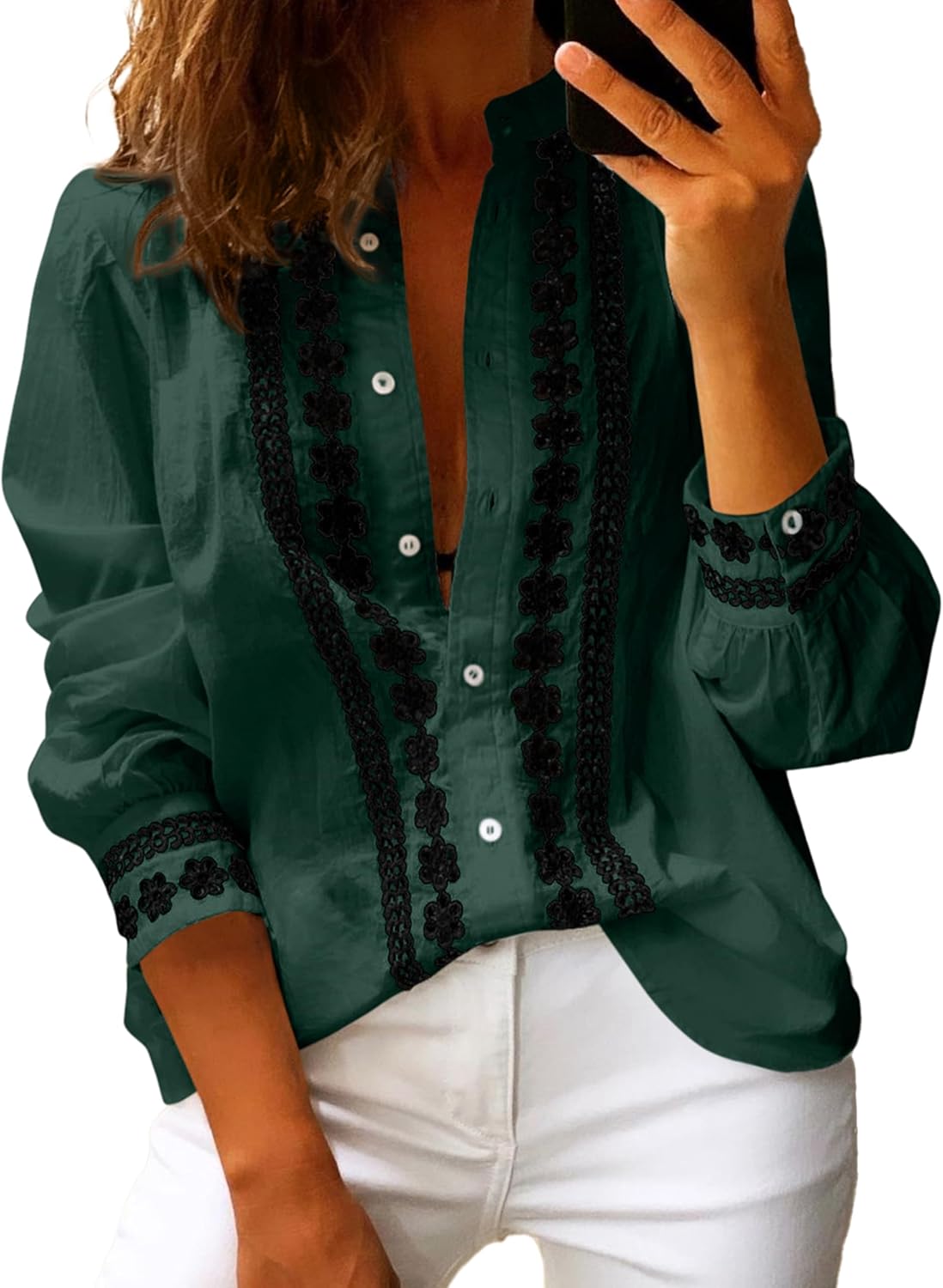 Theenkoln Womens Work Button Blouses: Long Sleeve V Neck Lace Casual Button Down Fall Trendy Shirts