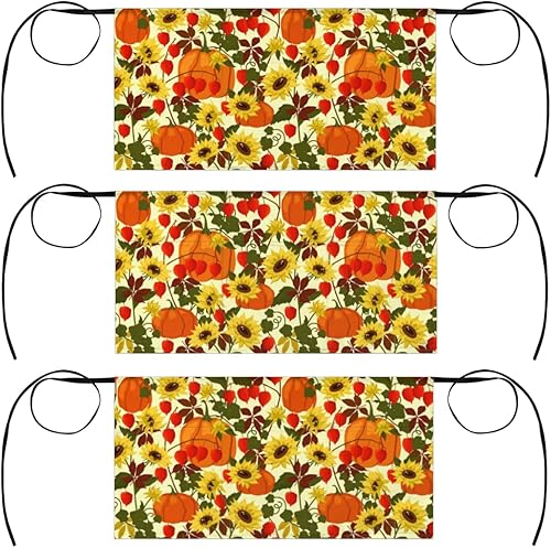 3 Pocket Waist Apron, Pack of 3, Pumpkin Sunflower Server Short Apron for Men Women, Kitchen, Restaurant, Cafe Delantales De Mesera Para Mujer