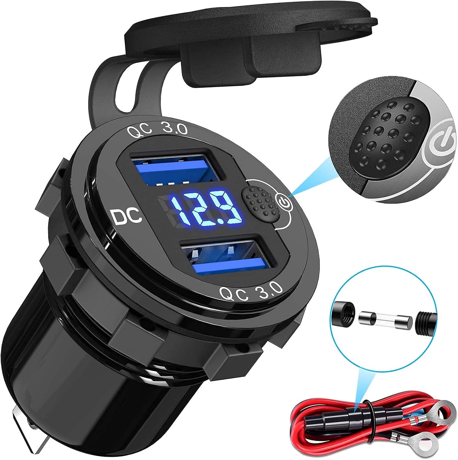 Quick Charge 3.0 Dual USB Socket, Qidoe Aluminum Metal 12V/24V USB Outlet with LED Voltmeter & ON/Off Switch for Car Boat Marine ATV Bus Truck and More