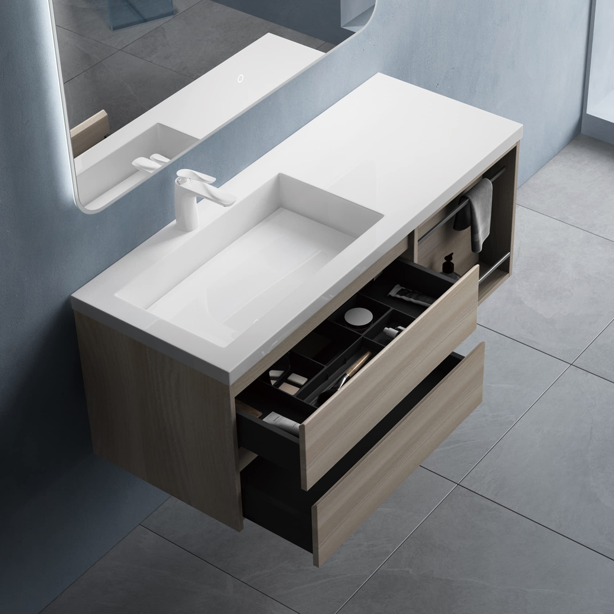 doporro Mobile Bagno Sospeso Mobile Sottolavabo 120x46x49 cm con Lavabo | Marrone Chiaro, Open F148 Colossum820