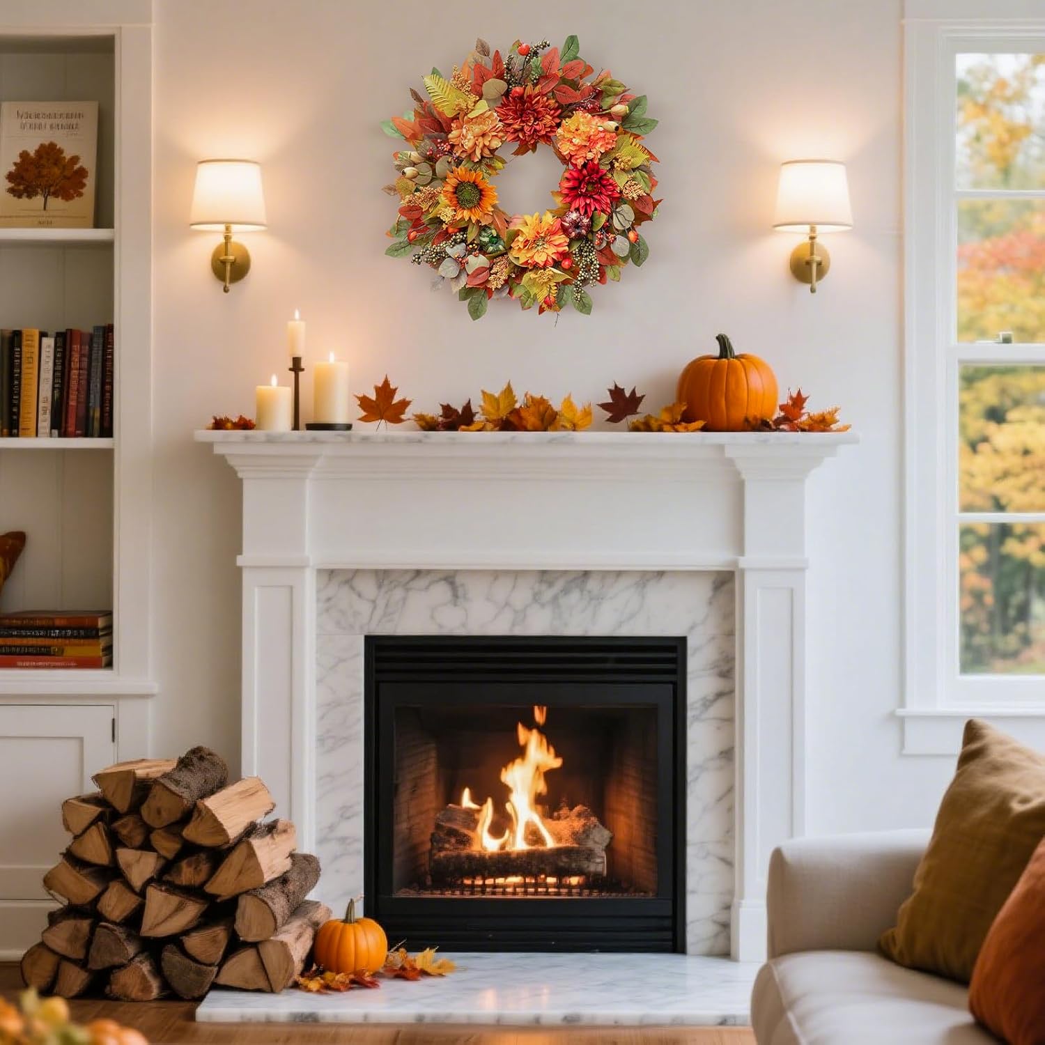 Fall Wreaths for Front Door Outside- 24 Inch Autumn Wreath with Sunflowers, Pumpkins, Peony, Dahlias & Eucalyptus Leaves- Fall Decorations for Home,Thanksgiving & Halloween Front Door Decor