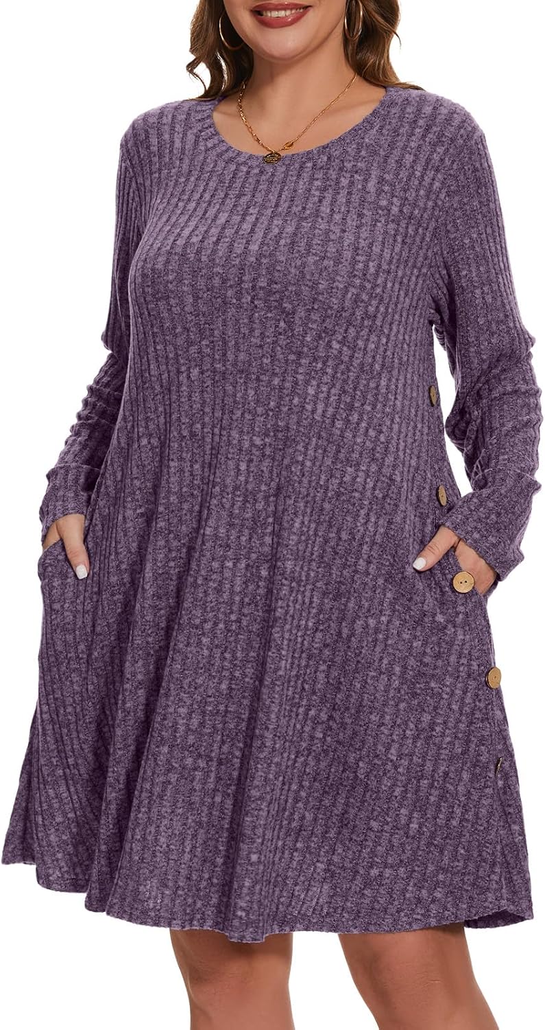 ZENNILO Women Plus Size Sweater Dress Long Sleeve Dress for Women Basic V Neck Fall Winter Tunic Dresses with Pockets
