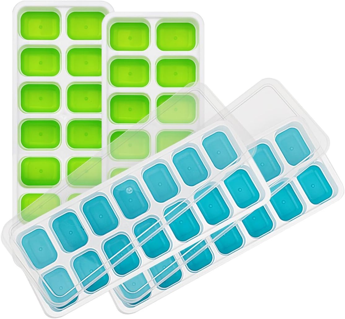 cnokfan 4 Packs Ice Cube Tray, Food Grade Silicone Ice Cube Molds 14 Shaped Cubes with Spill-Resistant Cover Easy-Release Rubber Ice Molds, BPA Free