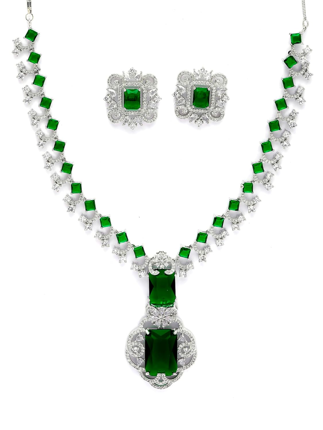Karatcart Silver Tone Green American Diamond Studded Necklace Set for Women