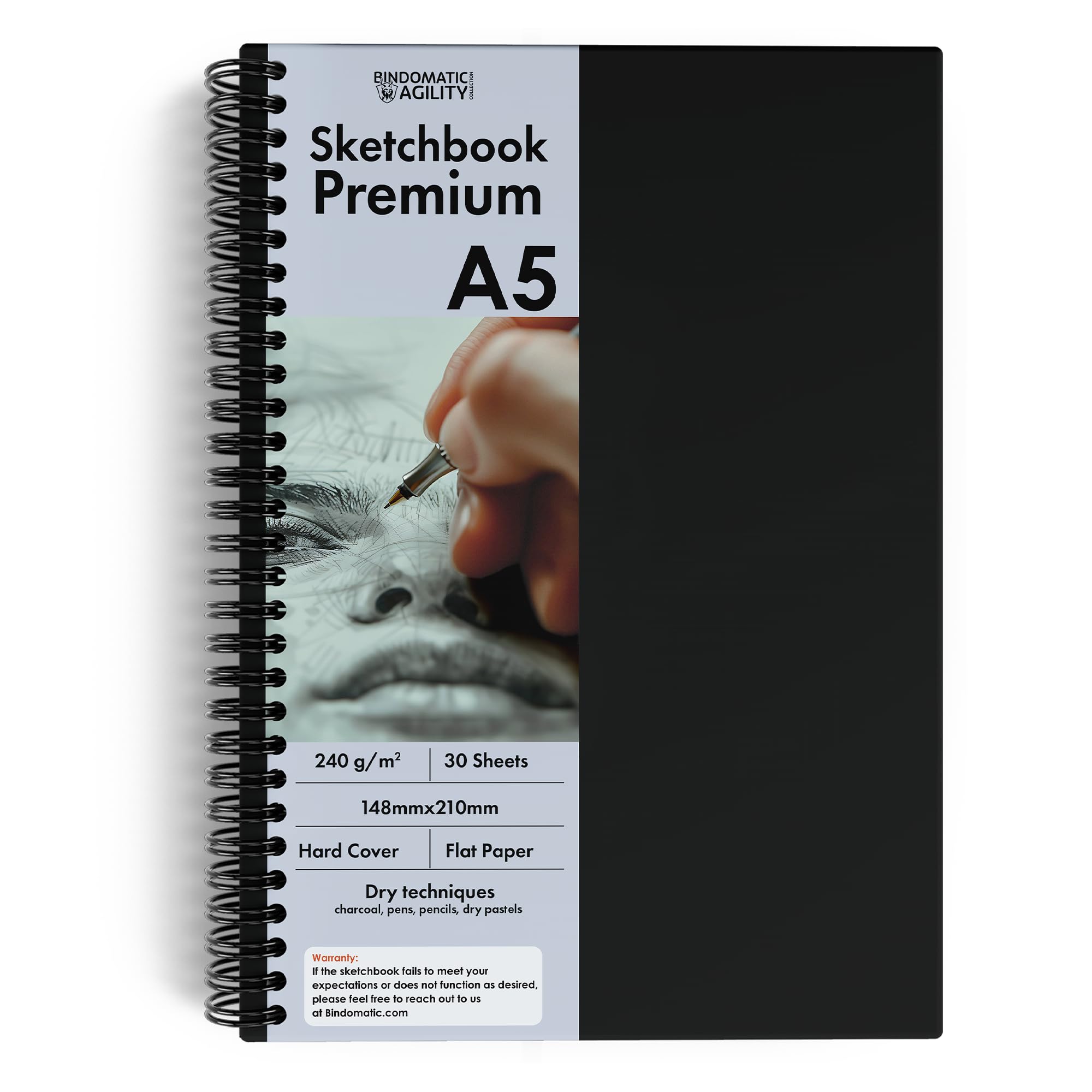 Bindomatic Agility Bloc de Dibujo A5 – Cuaderno de Bocetos con Encuadernación en Espiral, 240g/m² – Ideal para Acrílico, Tinta y Carbón – Hecho en Portugal, UE – 30 Hojas
