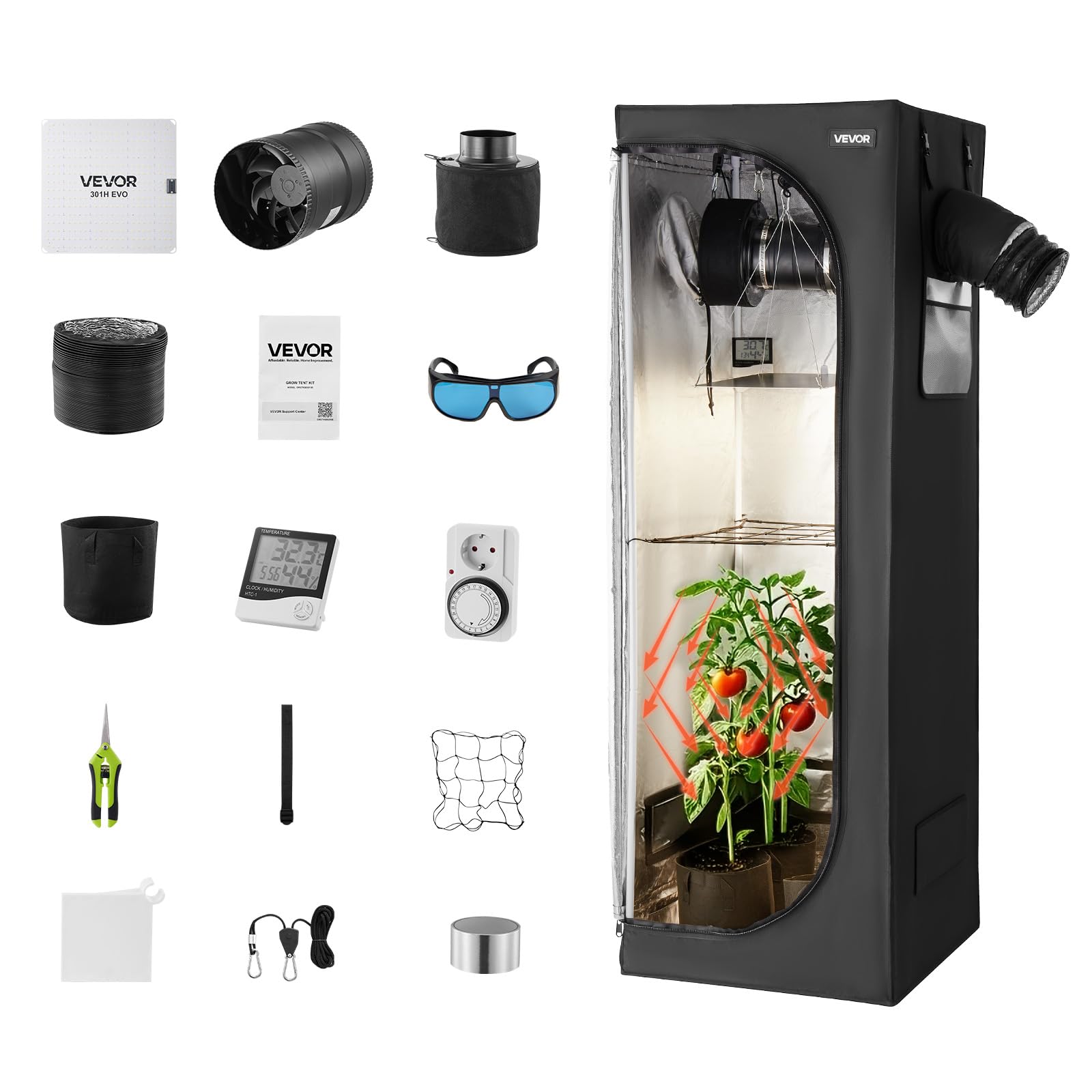 VEVOR Armario de Cultivo Interior 60 x 60 x 180 cm, Carpa de Cultivo con luz LED de Espectro Completo y Sistema de Ventilación, Mylar 600D de Alta Reflectancia, Tienda para Plantas, Flores, Verduras