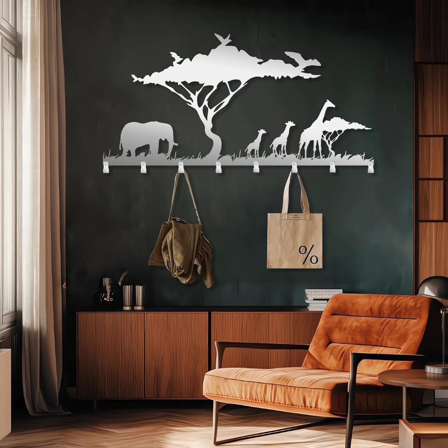 African Safari Coat Rack, Safari Animals Wall Mounted, Wall Mounted Wildlife Coat Rack, Africa Savanna Wall Hanging, Elephant & Giraffe Silhouette Key Holder Wall Mount (Black, 20"x41"|51x105cm)