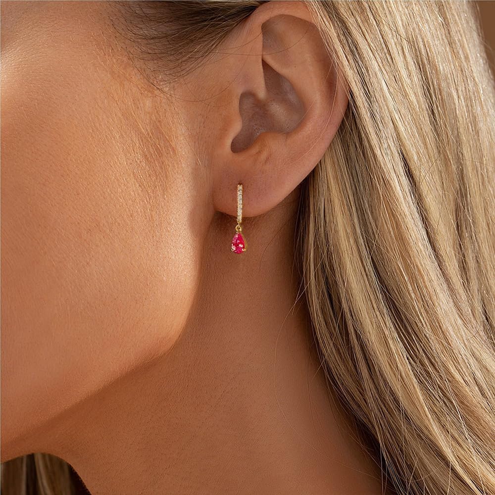 Birthstone Hoop Earrings for Women Dainty Crystal Teardrop Dangle Earring 14K Gold Plated Huggie Drop Earrings for Women Trendy Gold Jewelry Birthday Gift for Her - Image 2
