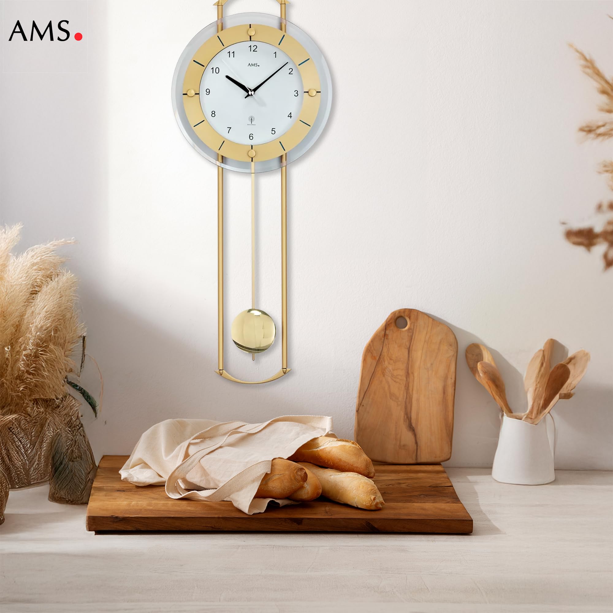 AMS 5255 Wanduhr - mit Funkpendelwerk, Elegante Funkpendeluhr, Uhr mit Pendel, Funkwanduhr mit arabischen Ziffern, Facettiertes Mineralglas, Pendeluhr für Wohnzimmer & Büro, Maße: 24 x 60 x 6 cm