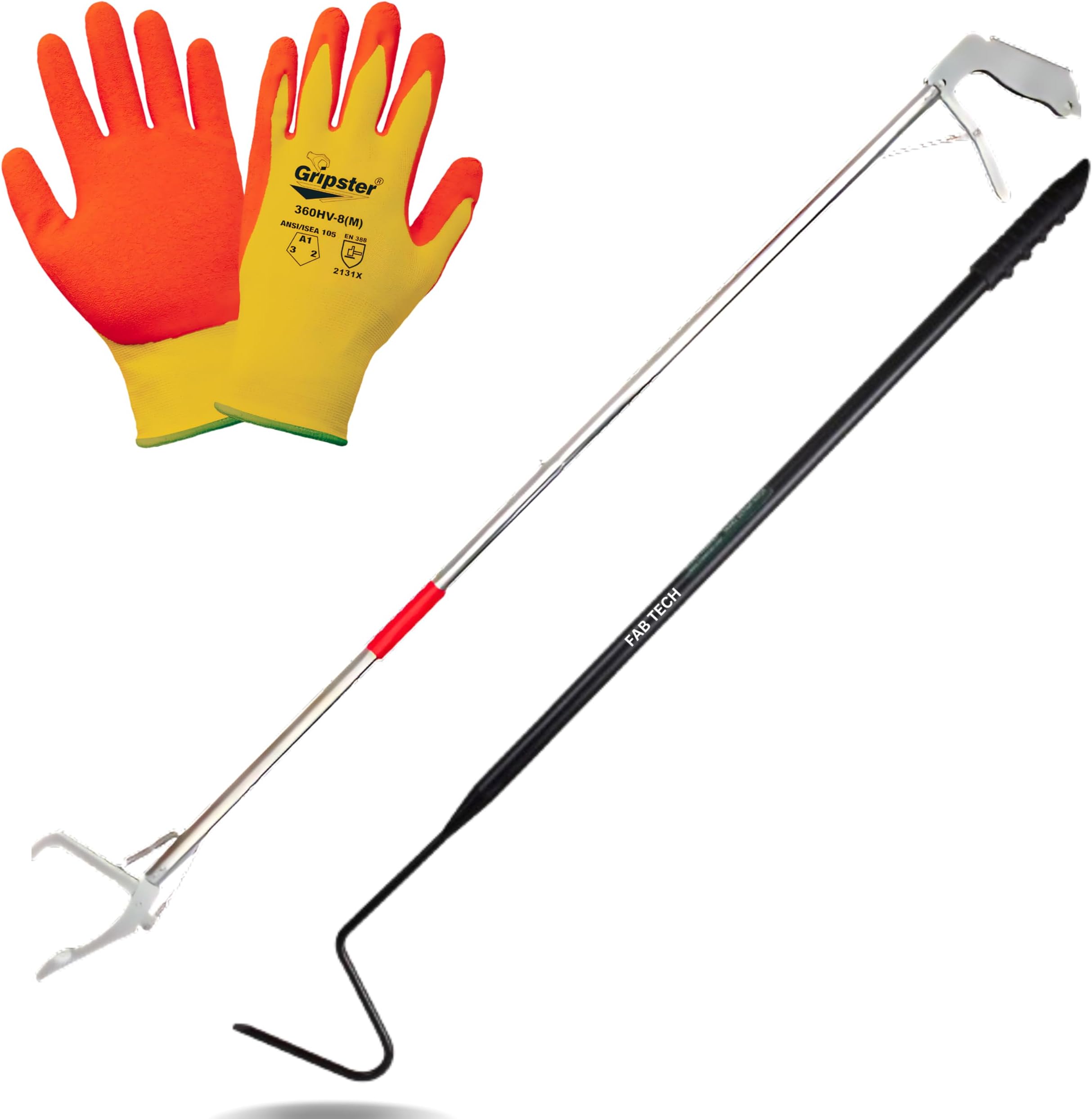 FAB TECH Combo | Long Arm Stainless Steel Heavy Duty Picker Tool | Fruit Picker Stick | Foldable Design with Anti-Cut Leather Gloves and Soft Grip Hook.
