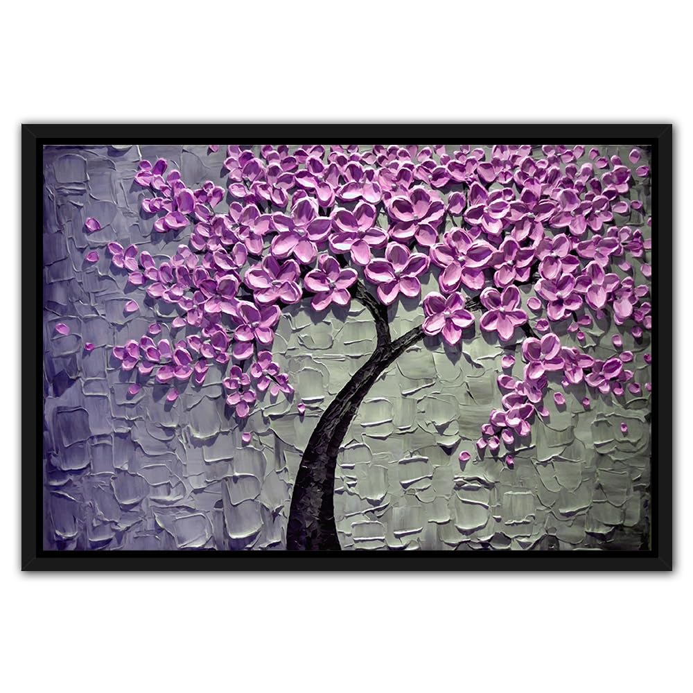 Modern Wall Art 1 Panel 3D Flowers Wall Painting Purple Flowers and Small Tree Pictures Print on Canvas for Home Office Hotel Decoration, Giclee Black Framed Ready to Hang, 24" Wx16 H