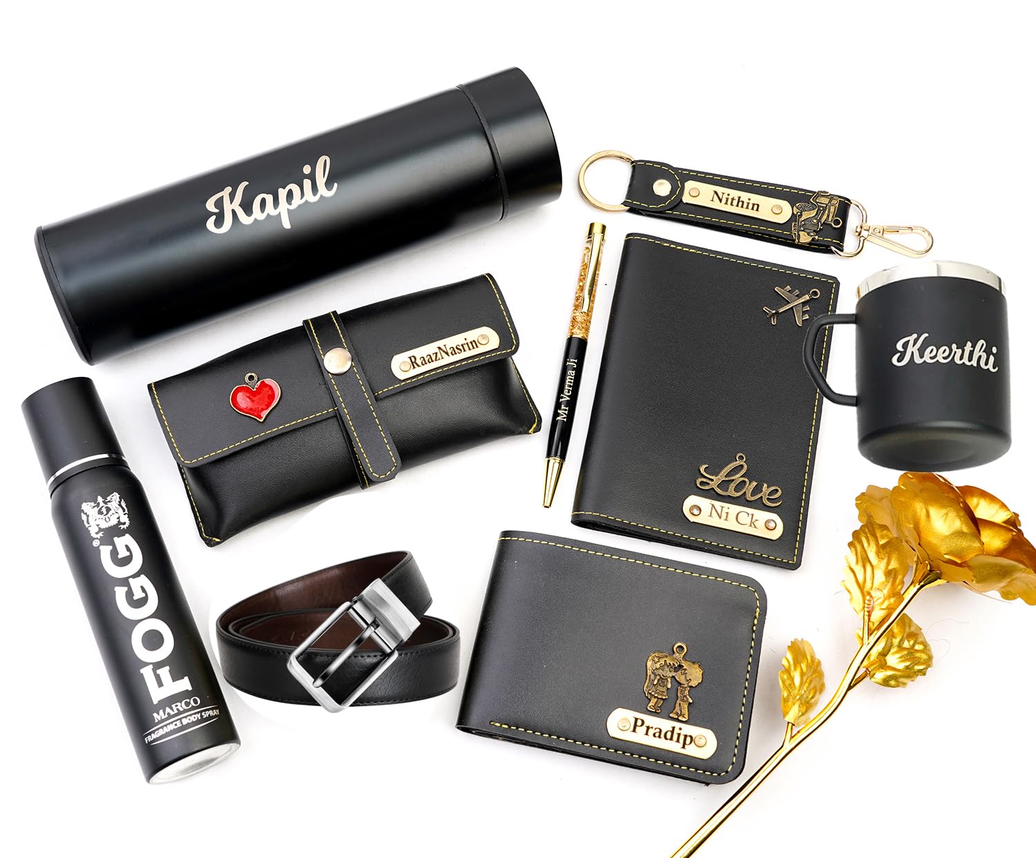Your Name Customized Mens Gift Hamper Set with Water Bottle, Passport Cover, Pen, Men Wallet, Sunglasses Cover, Keychain, Men Deodorant, Golden Rose and Mens Belt and Coffee Mug (Black)-image-38