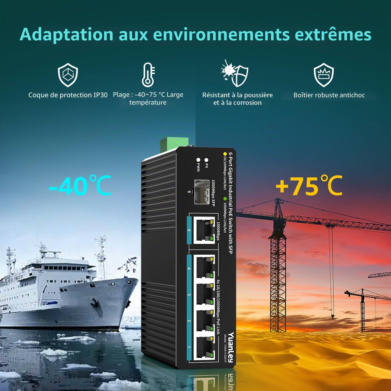 YuanLey Switch Industriel 6 Ports avec 4 Ports PoE Gigabit, 1 Port Uplink 1000Mbps, 1 Port SFP, Switch PoE Non-Manageable Din-Rail avec Alimentation 66,25W, IEEE802.3af/at, VLAN & Loop