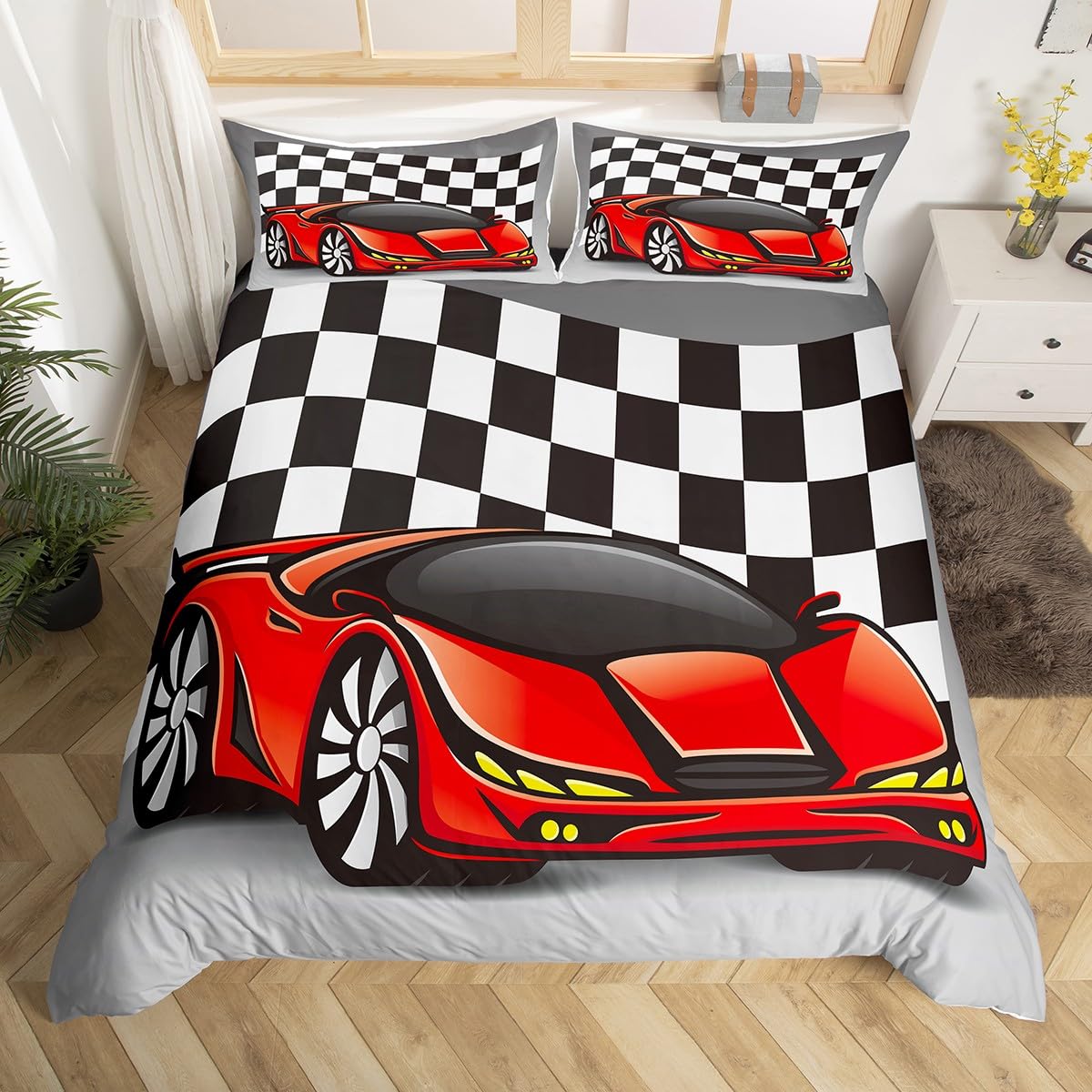 Homewish Red Racing Car Bedding Kids Super King Duvet Cover for Boys Teenagers Man Extreme Sports Car Comforter Cover, Black And White Grid Plaid Bedding & Linen, 2 Pillowcases