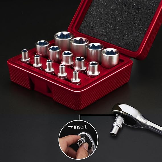 14-Piece E-Torx Socket Set, 3/8, 1/2, 1/4 Premium Ultimate Female Star Socket Set, Drive E4 - E24 External Torque Socket Kit, Gift for Men