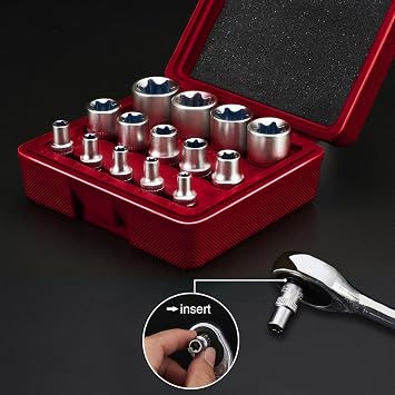 14-Piece E-Torx Socket Set, 3/8, 1/2, 1/4 Premium Ultimate Female Star Socket Set, Drive E4 - E24 External Torque Socket Kit, Gift for Men