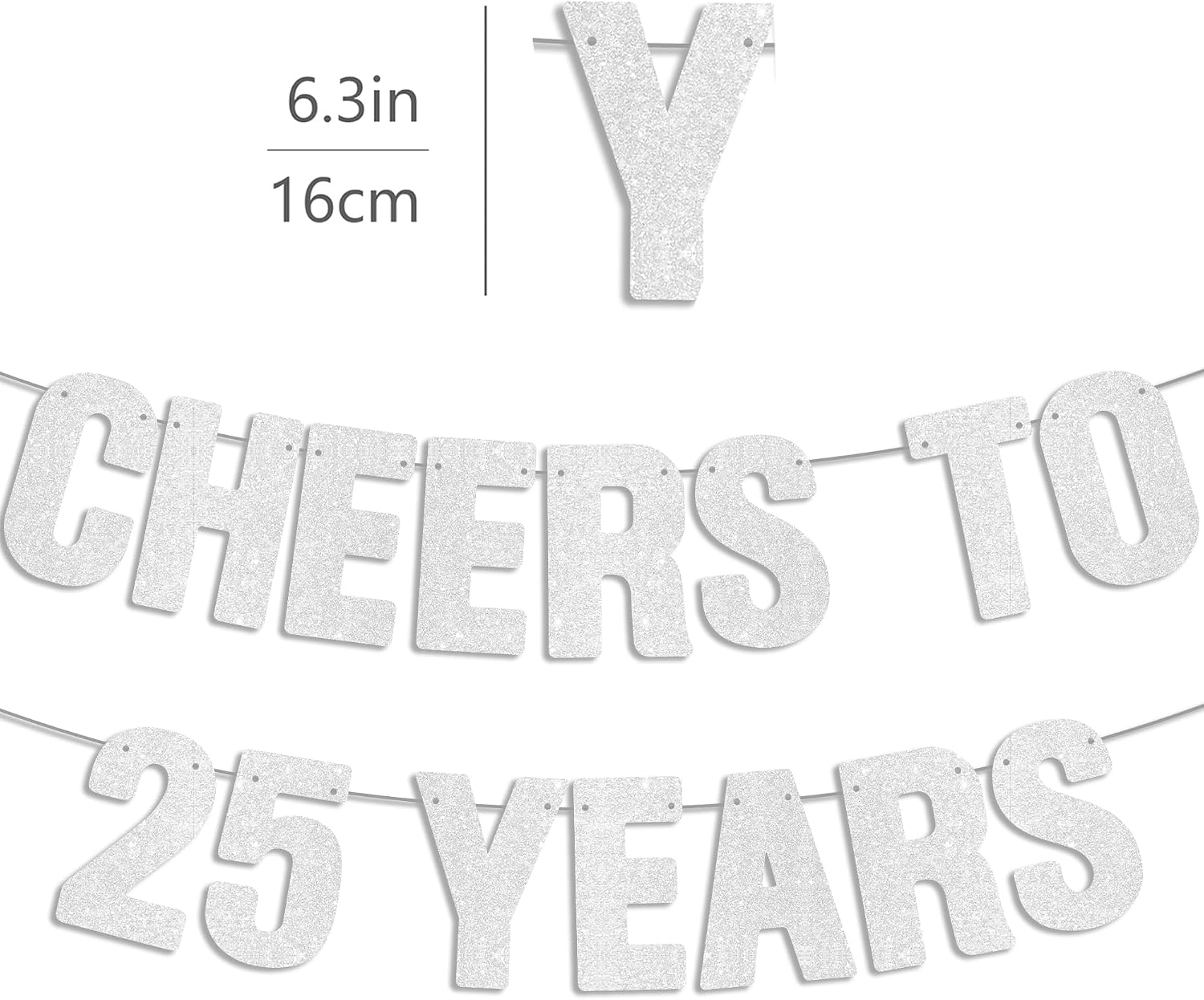 Pre-Strung - Cheers to 25 Years Silver Glitter Banner, Happy 25th Birthday Decorations, 25 Year Old Party Decor Sign, 25th Wedding Anniversary Decorations