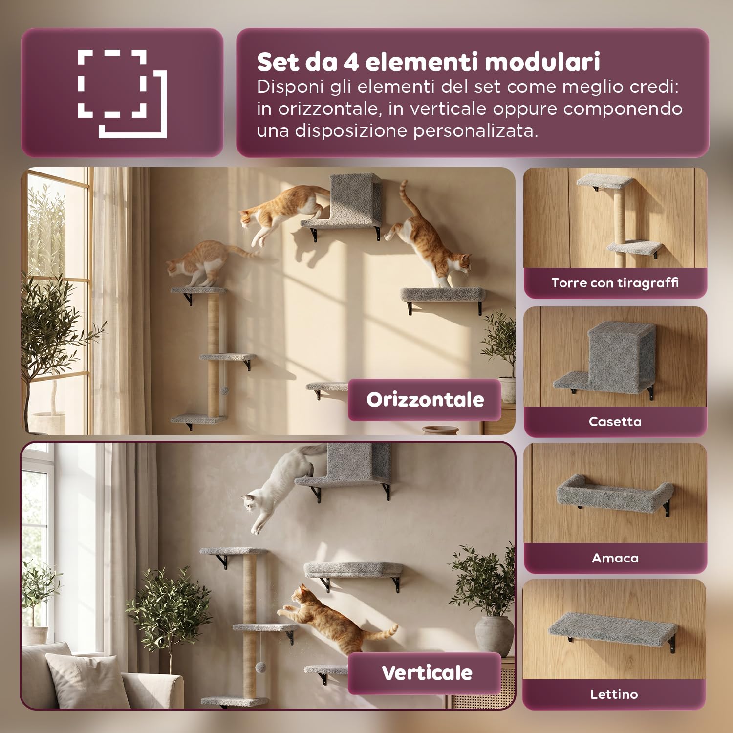Avilia - Parco Giochi Verticale da Parete per Gatti in Legno – Percorso Attrezzato con Mensole, Sisal e Tiragraffi – Arrampicata a Muro Salvaspazio con Rivestimento Morbido – Legno Naturale