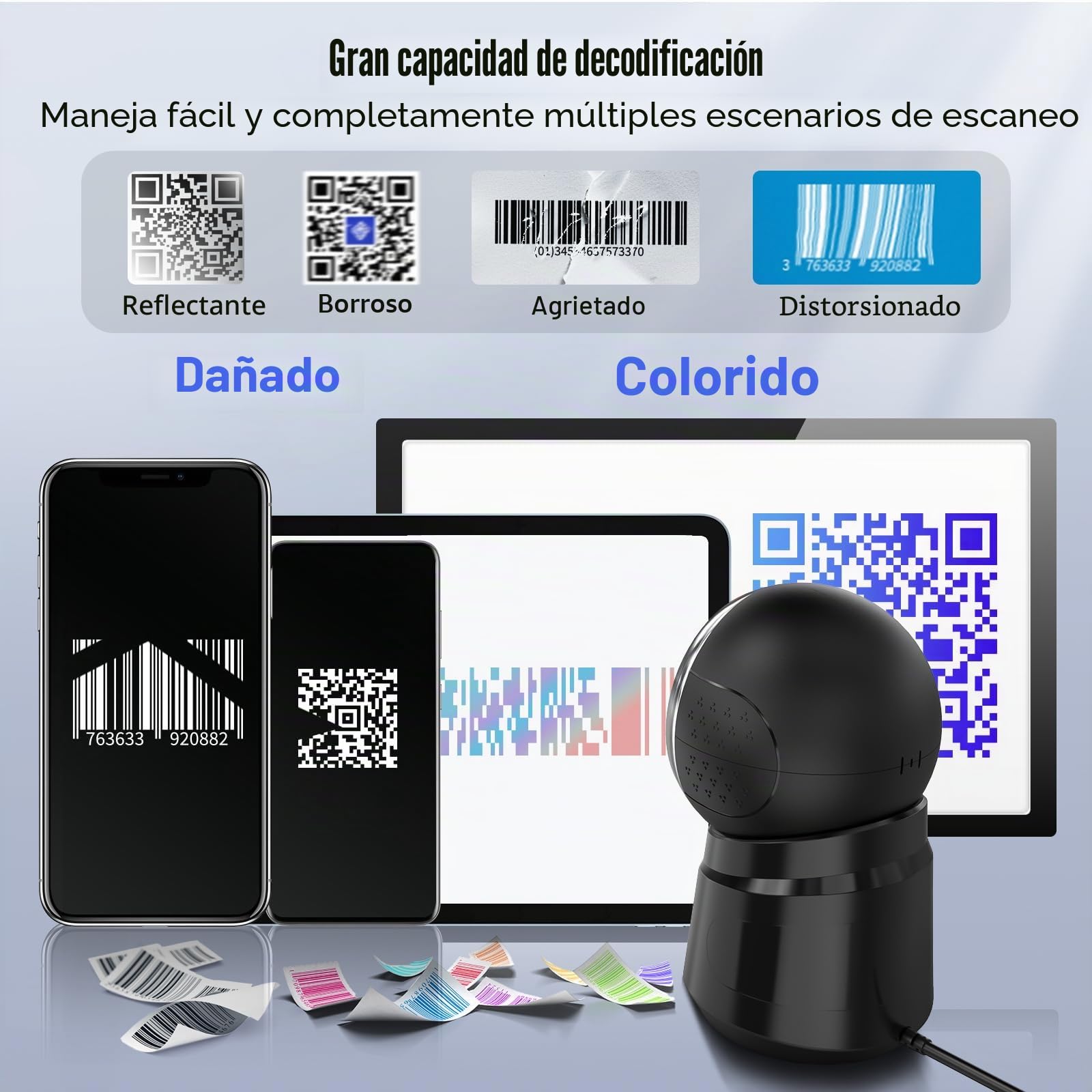 Tera Escáner de código de Barras de Escritorio omnidireccional: 1D 2D QR Escáner de código de Barras con Cable USB Manos Libres Cabezal de escaneo Ajustable para POS supermercado Model 9000