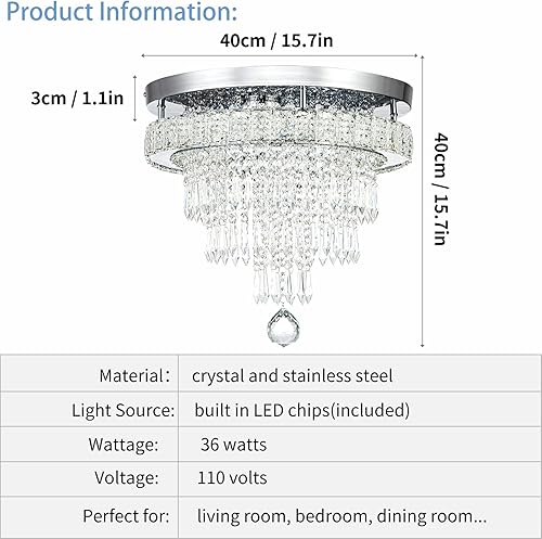 Miniatura 5 de HongnuoFc Candelabros de cristal de 16 pulgadas, lámpara LED moderna de montaje empotrado, lámpara de techo de anillo redondo de lujo para sala de