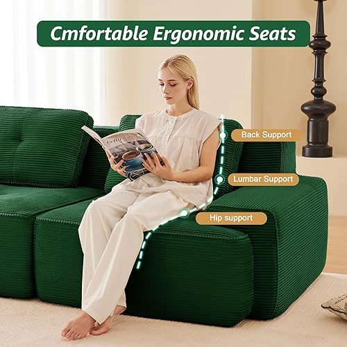 Miniatura 4 de Sofás modernos sin hueso de 115 pulgadas para sala de estar, sofá modular de pana seccional, sofá modular verde, 3 plazas con 2 otomanas, sofás para