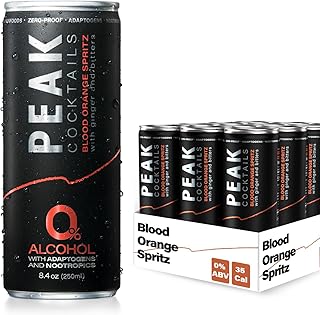 Peak Cocktails Non-Alcoholic Cocktail | Adaptogens, Nootropics, Superfoods for Recovery, Calm, Sleep | Ashwagandha, Tart Cherry, L-Theanine | Mixologist-crafted | Blood Orange Spritz | 8.4 oz, 12-Pack