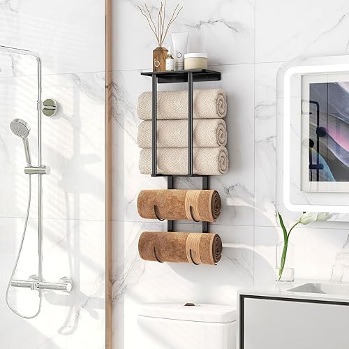 Vista 45 de Toallero de pared para toallas enrolladas, almacenamiento de toallas para baño pequeño, puede contener 6 toallas grandes, toalleros de 30 pulgadas