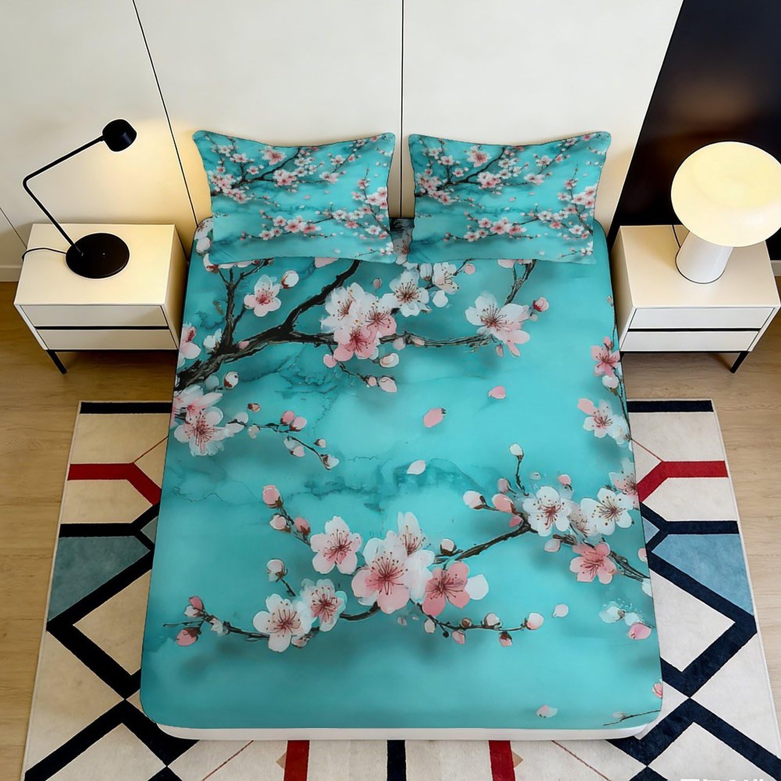 3D Printed Cherry Blossom Fitted Sheet Microfiber Soft Breathable Floral Branch Bed Cover for Bedroom Dormitory Guest Room Mattress Protection Decor 160x200x25cm